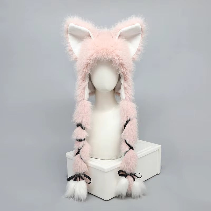 NEW! Kawaii Nekomimi Cat Ear Hood – Fluffy Long Paw Cosplay Hat White & Pink