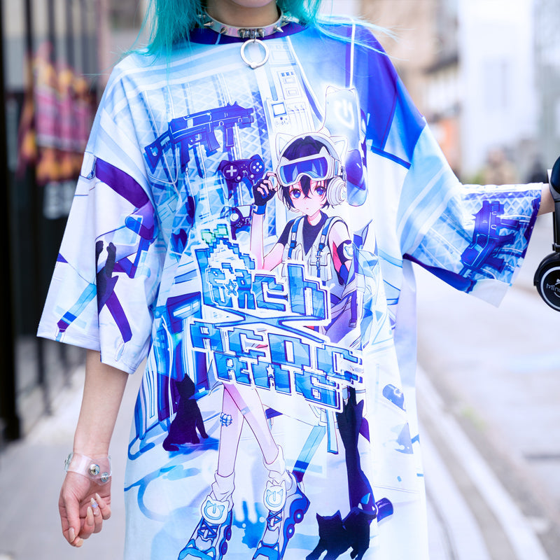 (NEW ARRIVAL) ACDC RAG × Peach ☆ Punch – Cyber Cat Huge T-Shirt