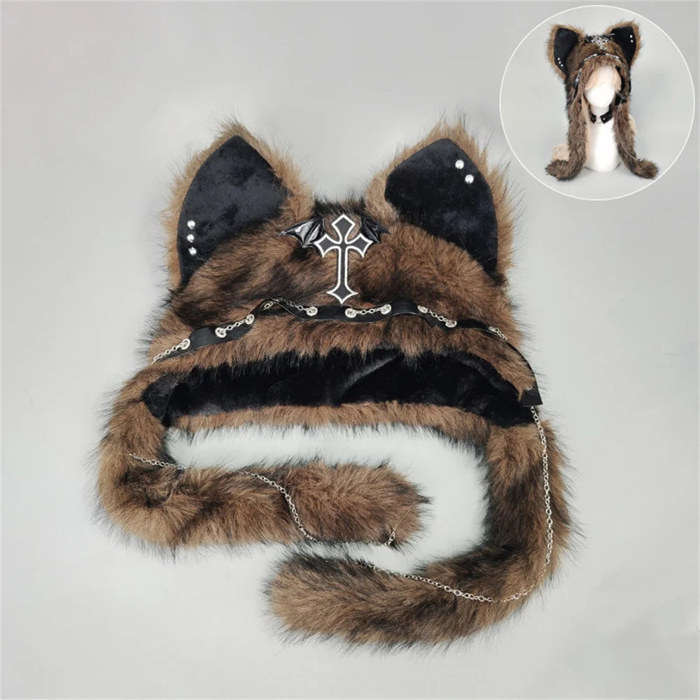 NEW! Gothic Wolf Ear Plush Hat - Punk Faux Fur Winter - Brown