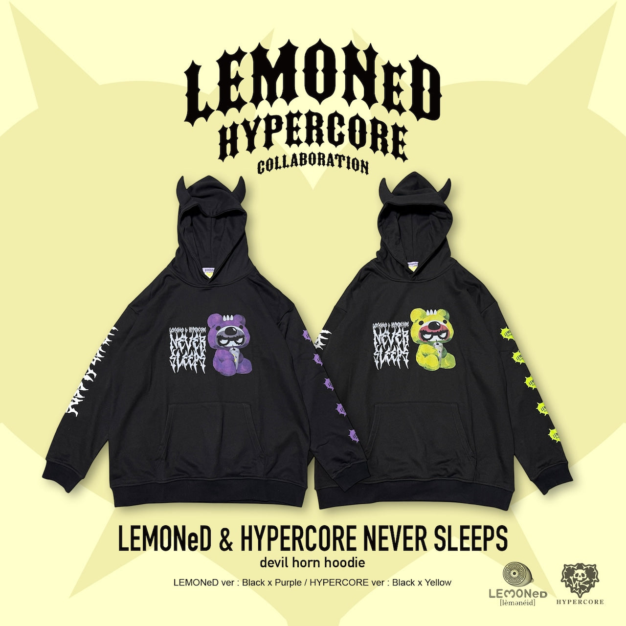 NEW! Hypercore - LEMONeD x HYPERCORE Collaboration <NEVER SLEEPS> Devil Horn Hoodie (HCLMN-25G)