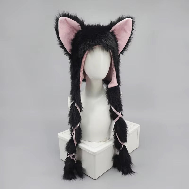 NEW! Kawaii Nekomimi Cat Ear Hood – Fluffy Long Paw Cosplay Hat - Pink & Black