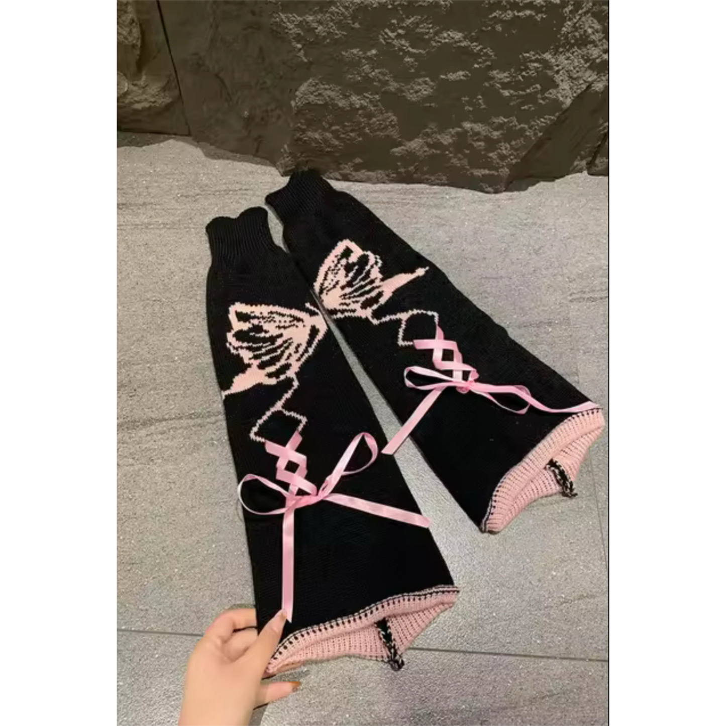 Butterfly Ribbon Black & Pink Knit Leg Warmers