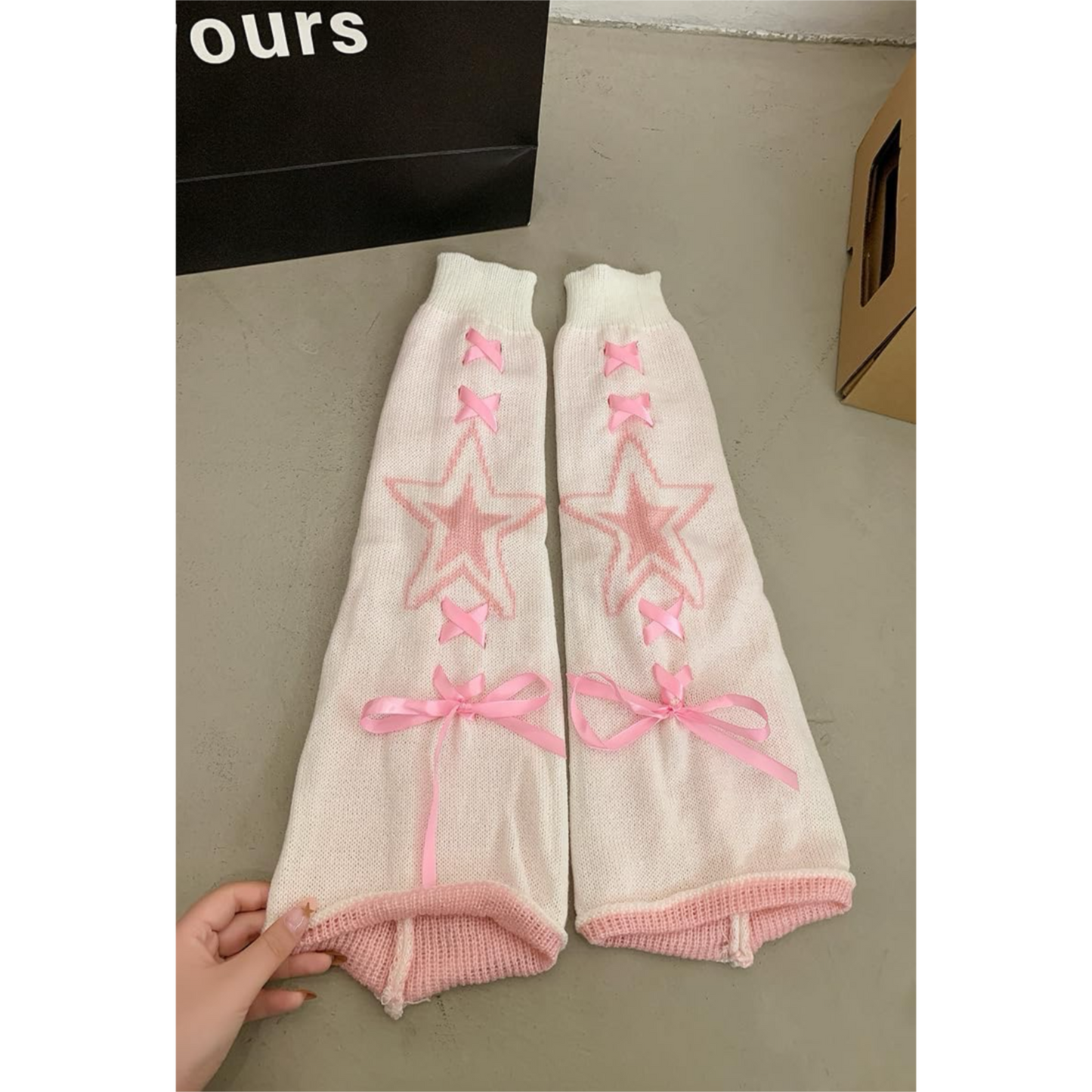 Leg Warmers Starry White & Pink Ribbon