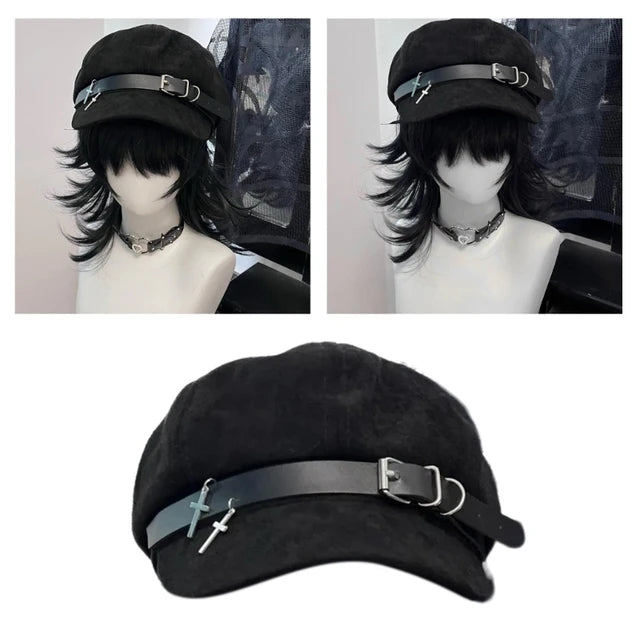 Buckle Cross Faux Suede Beret - Gothic Punk Charm Hat 🖤
