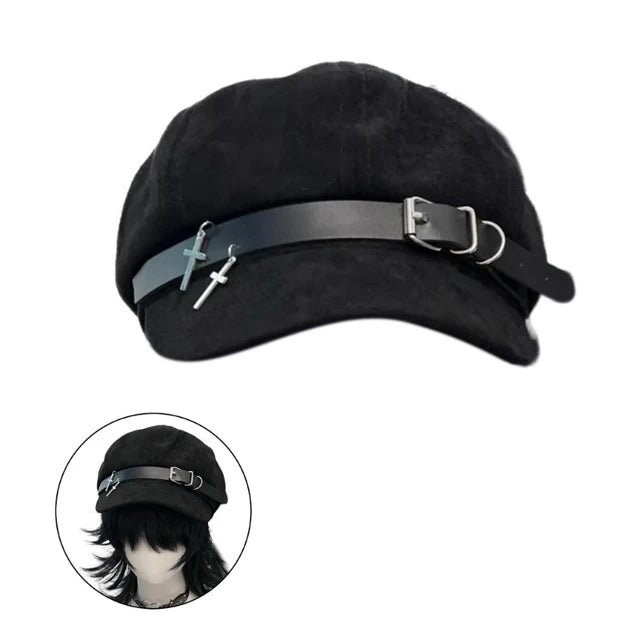Buckle Cross Faux Suede Beret - Gothic Punk Charm Hat 🖤