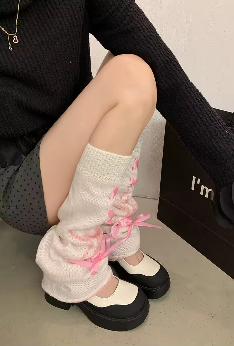Leg Warmers Starry White & Pink Ribbon