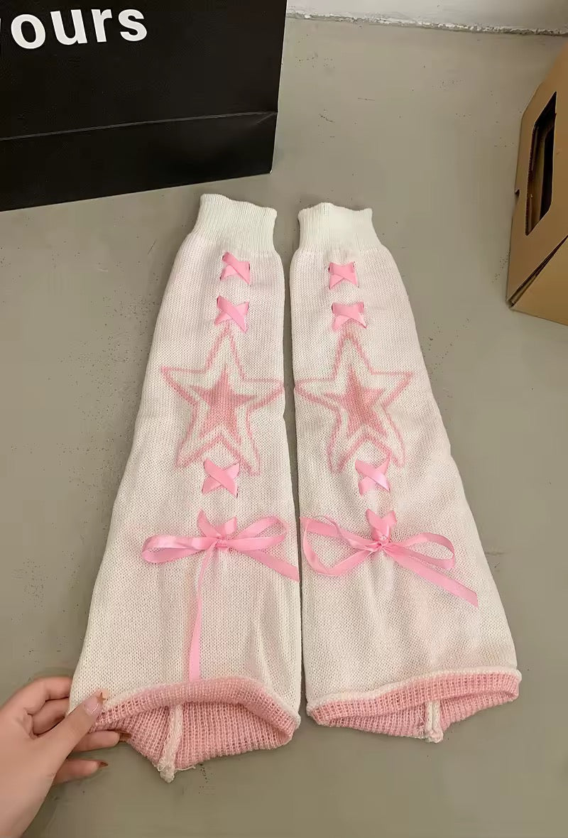 Leg Warmers Starry White & Pink Ribbon