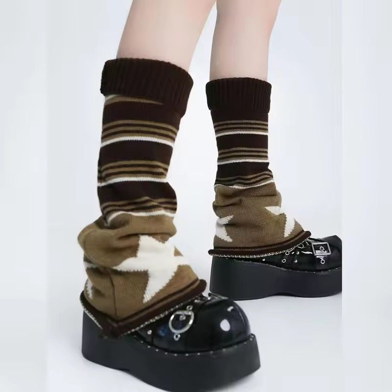 Leg Warmers Beige & Brown Stars Knit