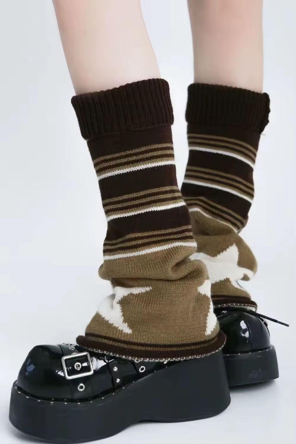 Leg Warmers Beige & Brown Stars Knit