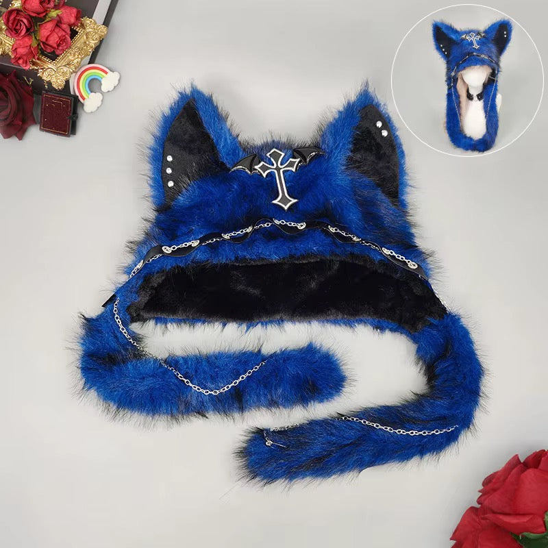 PRE-ORDER! Faux Fur Plush Winter Hat - Gothic Punk Wolf Ears - Blue