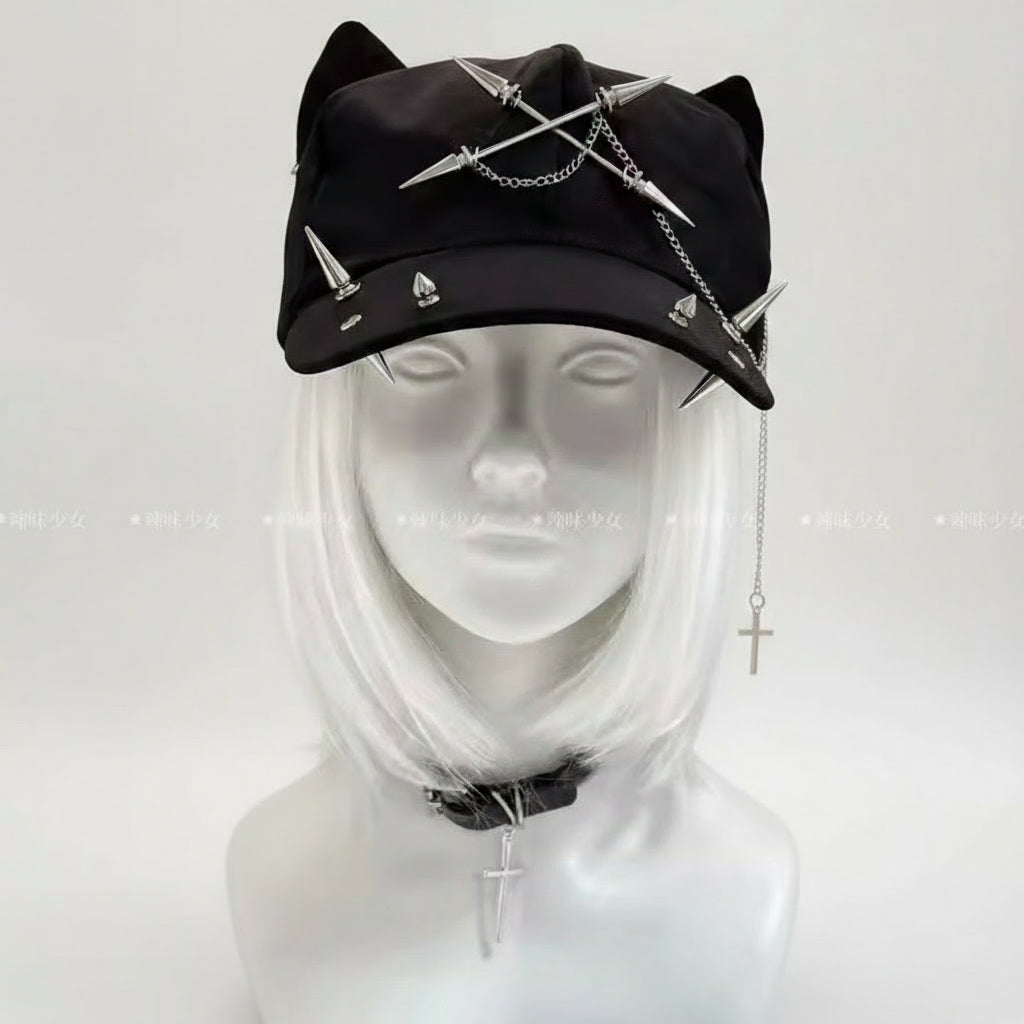 Cross Chain Cap - Black Cat Ear Hat