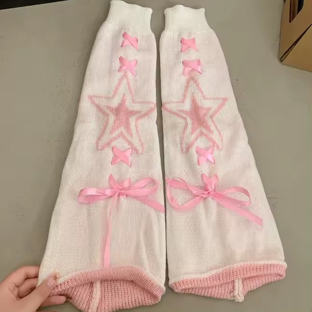 Leg Wamers - White & Pink - Star & Ribbons