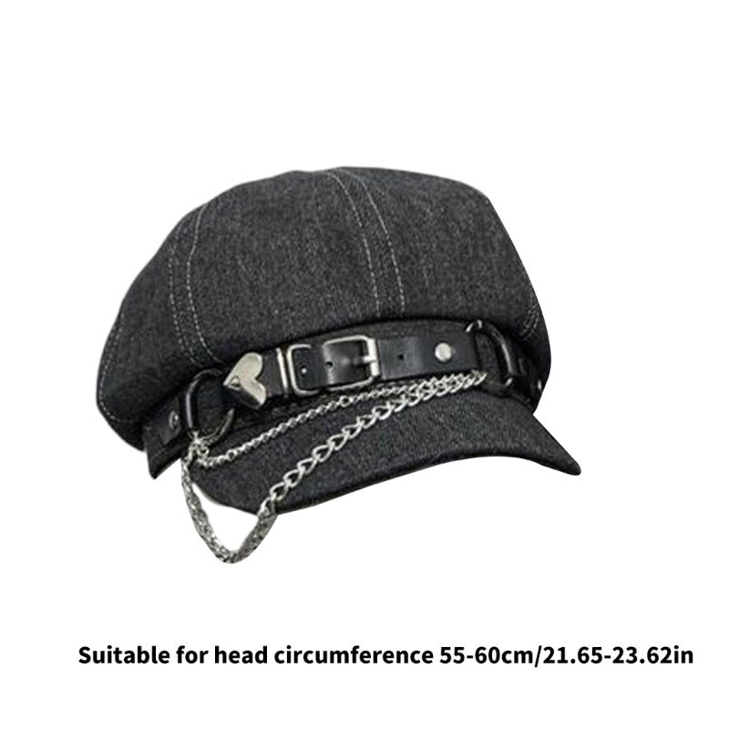 Heart Buckle Chain Denim Beret