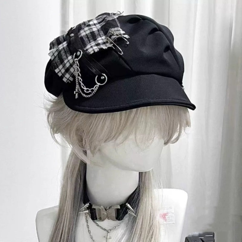 Punk Plaid Patchwork Chain Cap Hat