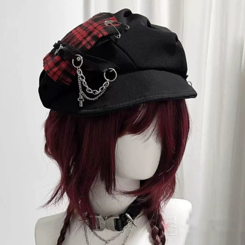 Punk Plaid Patchwork Chain Cap Hat