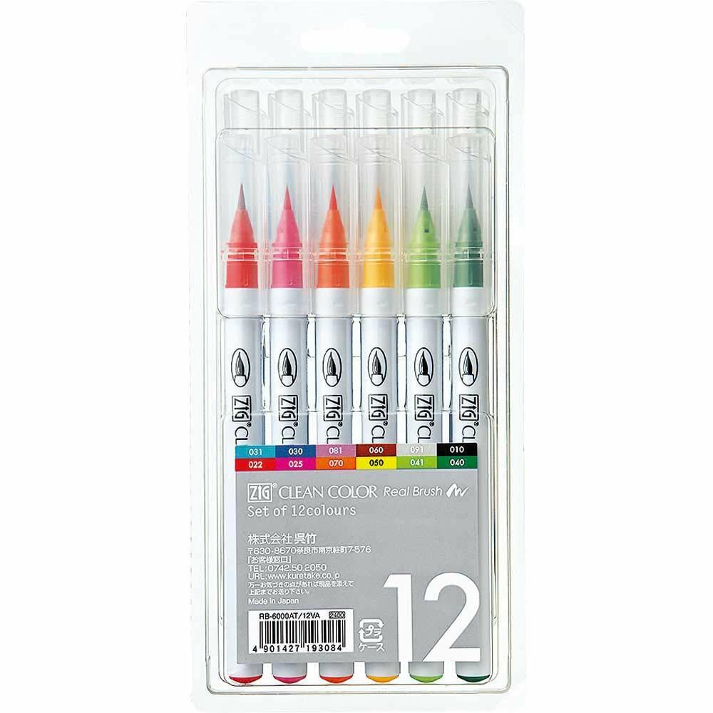 Kuretake ZIG Clean Color Real Brush Pens - Assorted Colours - Set of 12