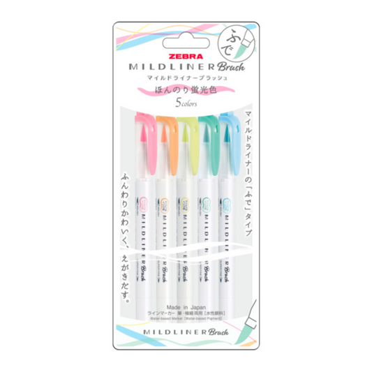Zebra Mildliner Brush Highlighters – Pastel Fluorescent 5 Colors Set
