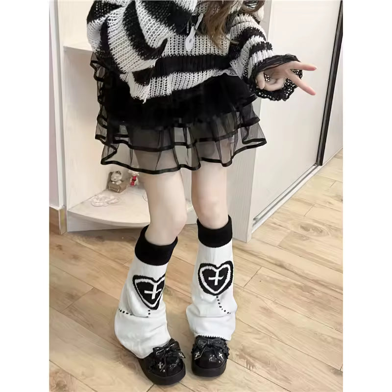 NEW! Knit Leg Warmers - Reversible Heart Cross - Black & White