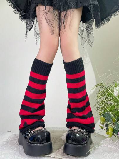 Knit Leg Warmers - Black & Red Stripes
