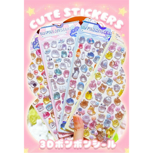 Kawaii 3D Fun Stickers - Puffy Pastel Animal & Character Sticker Jelly Sheet