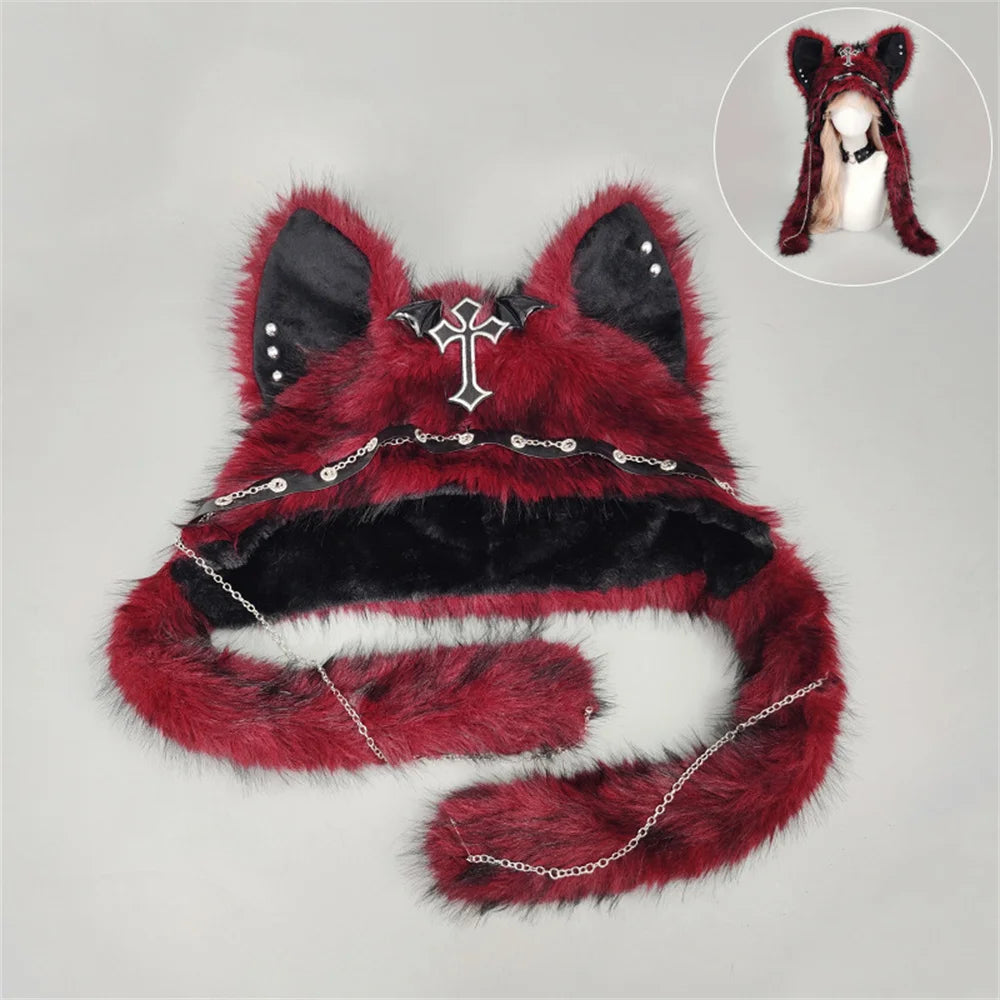 Gothic Wolf Ear Plush Hat - Punk Faux Fur Winter - Red