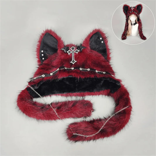 RESTOCK! Gothic Wolf Ear Plush Hat - Punk Faux Fur Winter - Red
