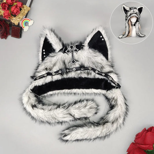 RESTOCK! Gothic Wolf Ear Plush Hat - Punk Faux Fur Winter - White