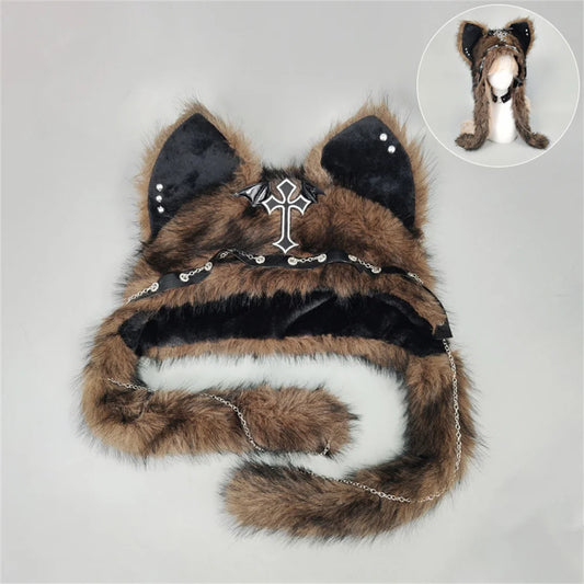 NEW! Gothic Wolf Ear Plush Hat - Punk Faux Fur Winter - Brown