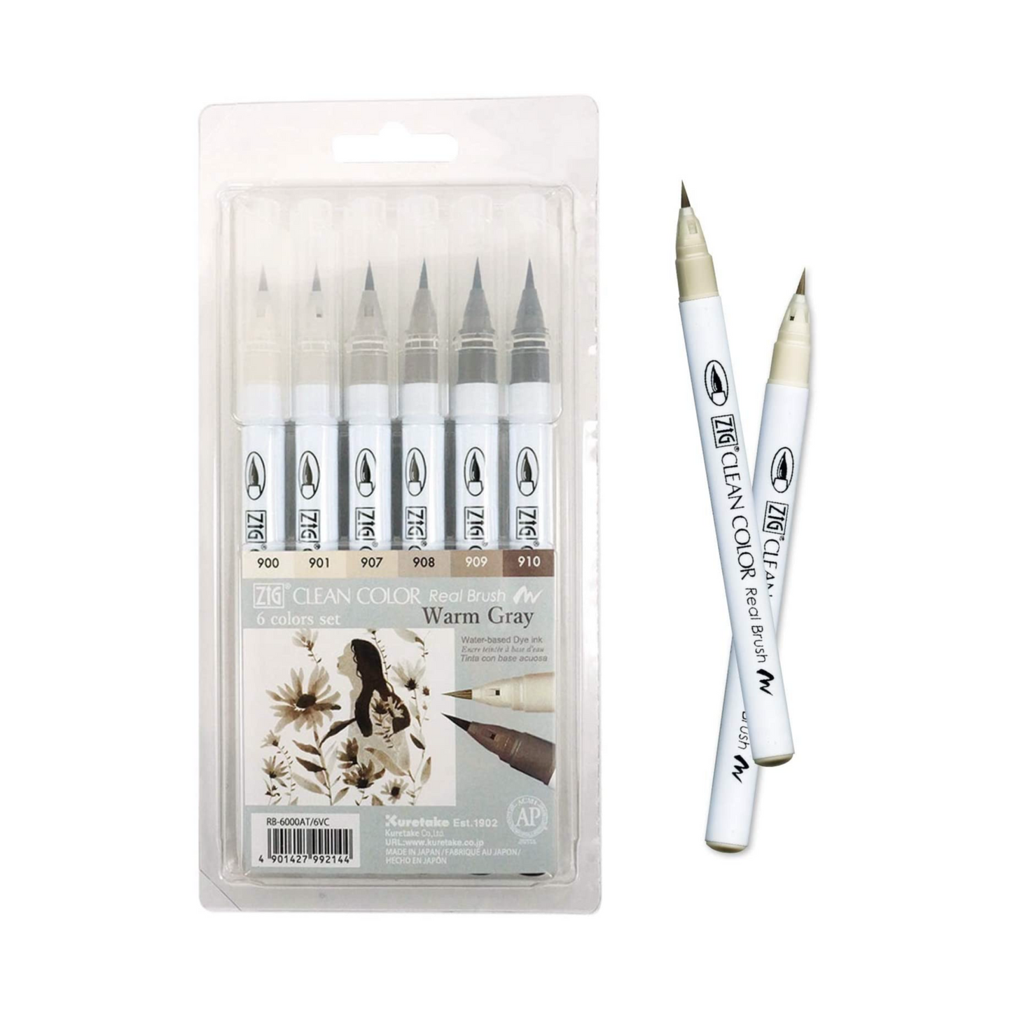 Kuretake ZIG - Clean Color Real Brush Pen Markers - Warm Grey Set of 6