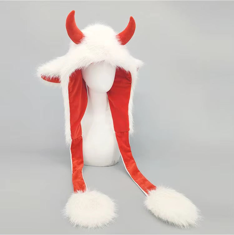 NEW! Kawaii Devil Horn Fluffy Hood – White & Red Long Paw Cosplay Hat