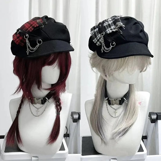 Punk Plaid Patchwork Chain Cap Hat