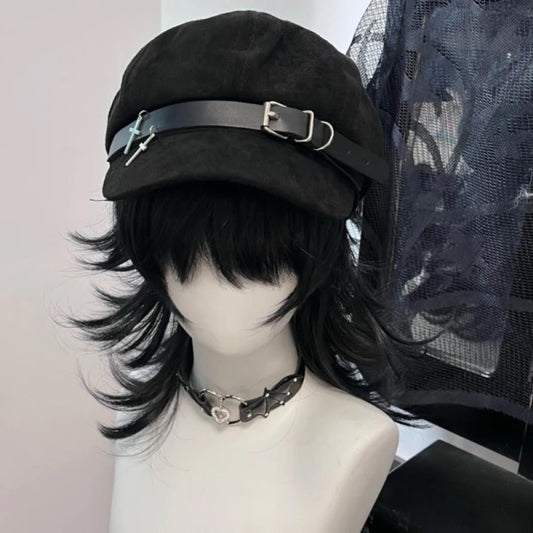 Buckle Cross Faux Suede Beret - Gothic Punk Charm Hat 🖤