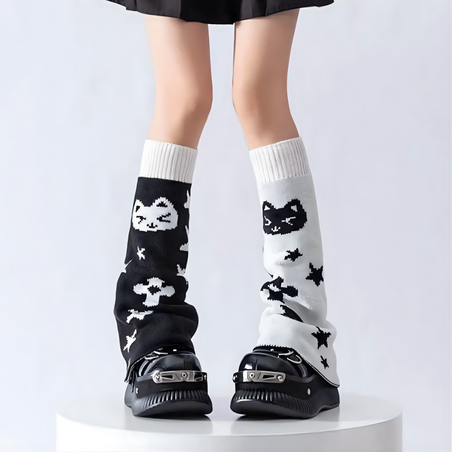 NEW! Knit Leg Warmers - Black & White - y2k Kitty Cats