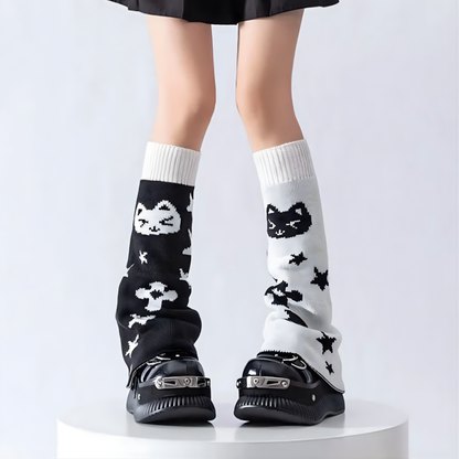 NEW! Knit Leg Warmers - Black & White - y2k Kitty Cats