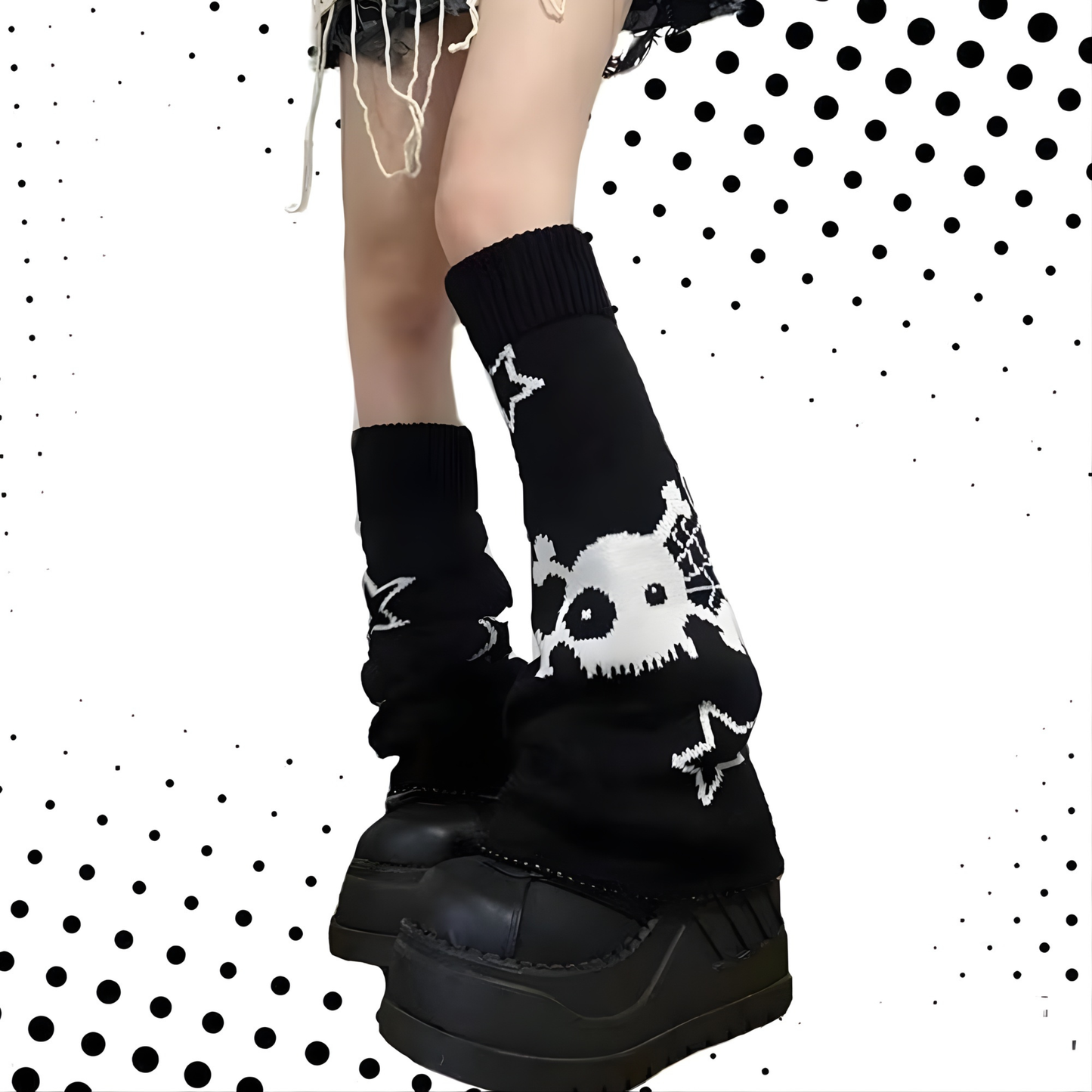 Knit Leg Warmers - Black & White Reversible Gothic Skull Stars