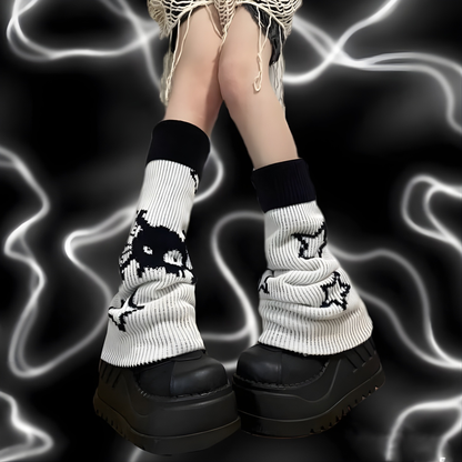 Knit Leg Warmers - Black & White Reversible Gothic Skull Stars