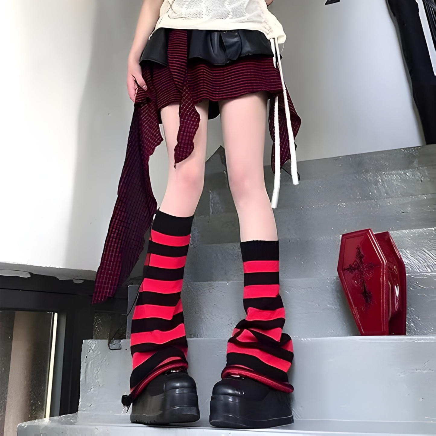 Knit Leg Warmers - Black & Red Stripes