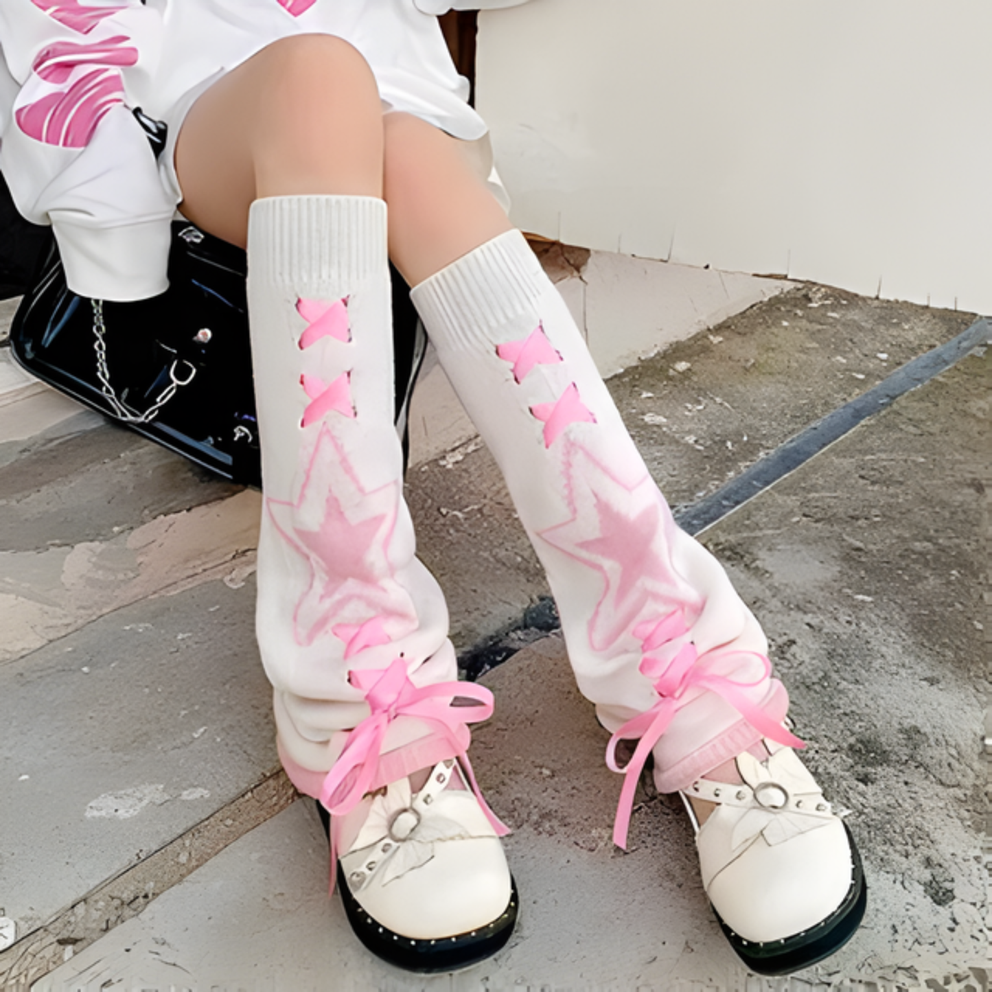 Knit Leg Warmers - White & Pink - Star Laced Ribbons