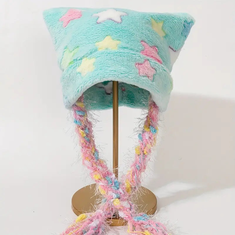 NEW! Cat Beanie - Pastel Star Y2K - Pink, Yellow & Blue