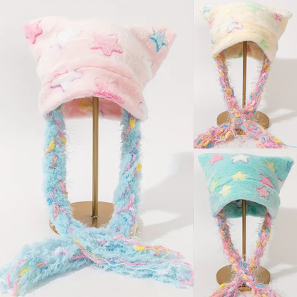 NEW! Cat Beanie - Pastel Star Y2K - Pink, Yellow & Blue