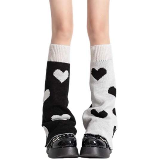 Reversible Black & White Heart Knit Leg Warmers