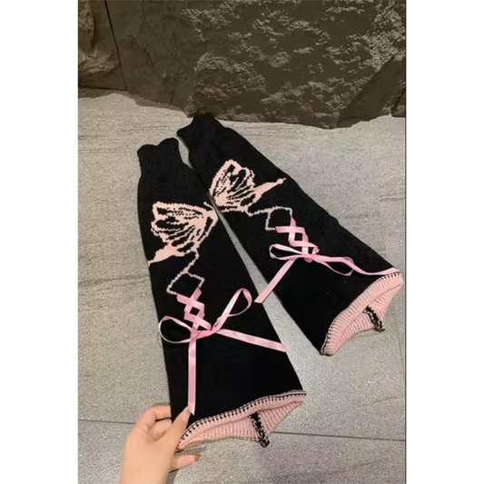 Butterfly Ribbon Black & Pink Knit Leg Warmers