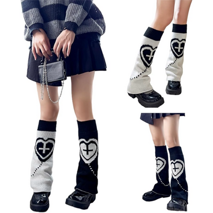 NEW! Knit Leg Warmers - Reversible Heart Cross - Black & White