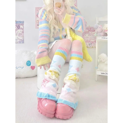 Guêtres tricotées - Fairy Kei Pastel Étoiles Arc-en-ciel 