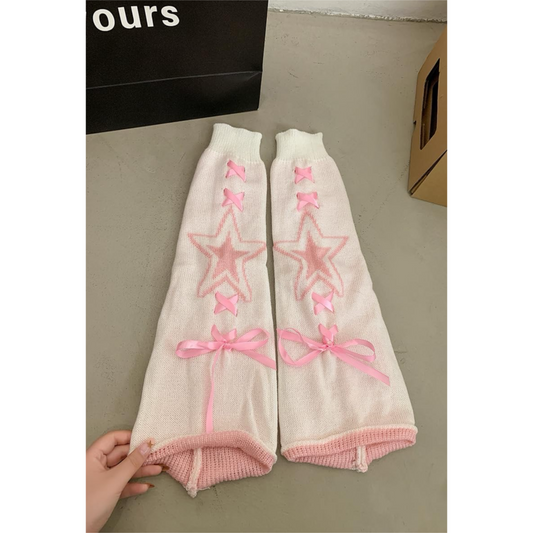 Leg Warmers Starry White & Pink Ribbon