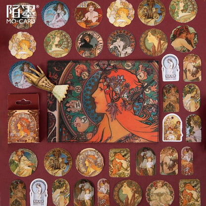 Boîte d'autocollants - Alphonse Mucha Art Nouveau - 45 autocollants