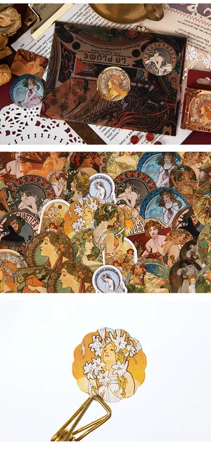 Boîte d'autocollants - Alphonse Mucha Art Nouveau - 45 autocollants
