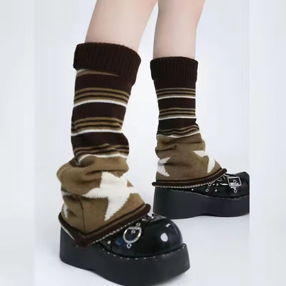 Knit Leg Warmers - Beige & Brown Star Stripes