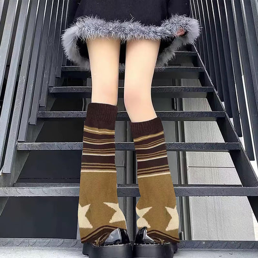 Leg Warmers Beige & Brown Stars Knit