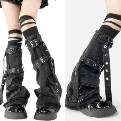 Leg Warmers Strapped Grey Denim Buckle